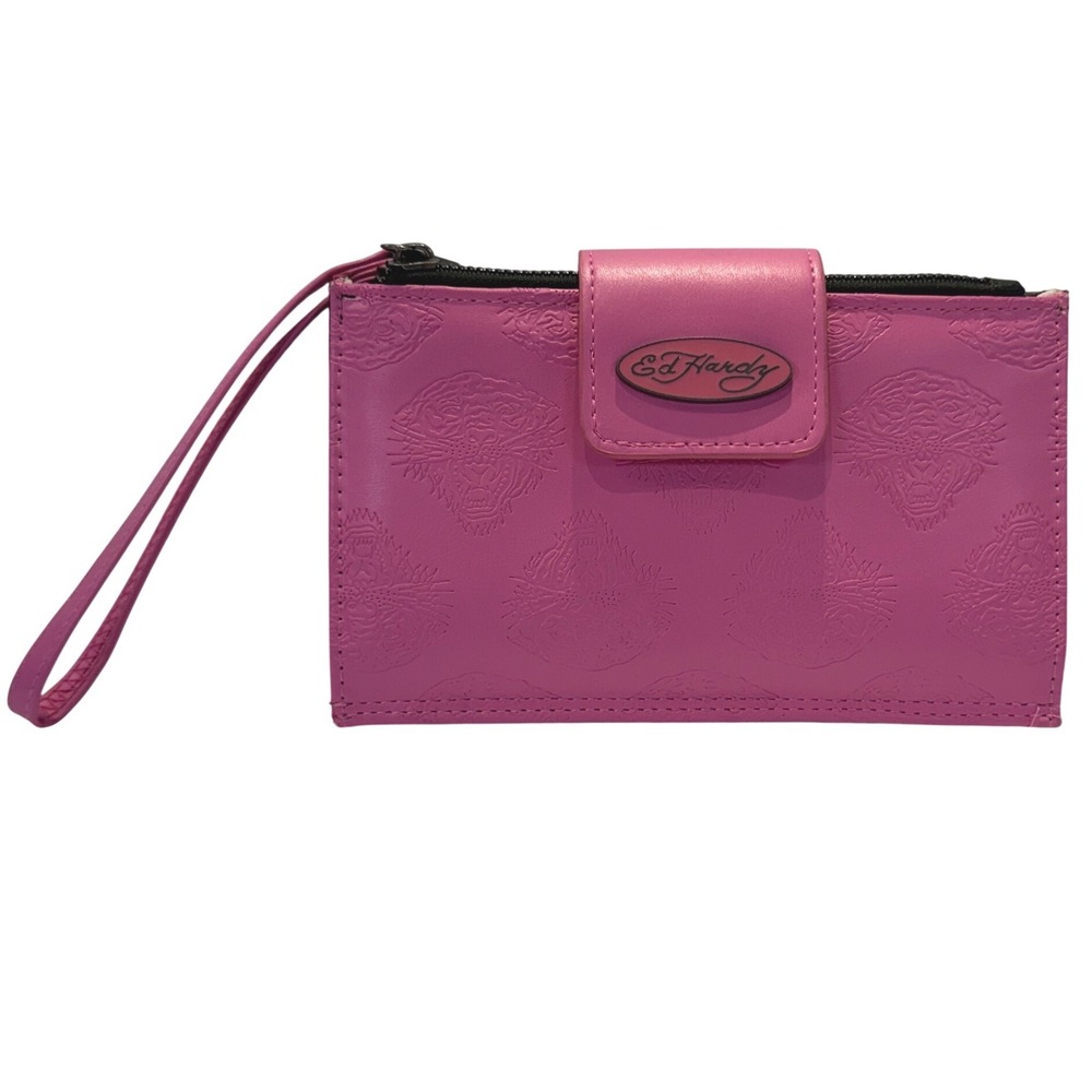 Ed Hardy Pink Embossed Tiger Wristlet Wallet Y2K Logo Zip Card Holder 1158B1